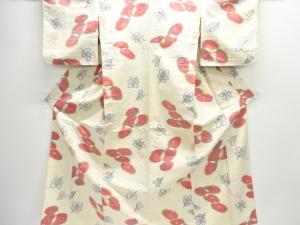 アンティーク　万寿菊模様織り出し手織り紬単衣着物